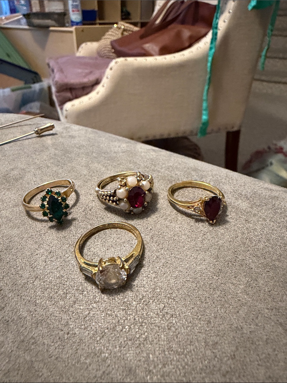 Gold-Tone Women's Ring Set with Red, Green and Clear Stones